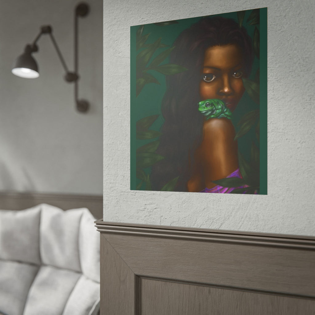 Jungle Muse Portrait Poster — Dark-Skinned Woman with Green Frog Rolled Art Print
