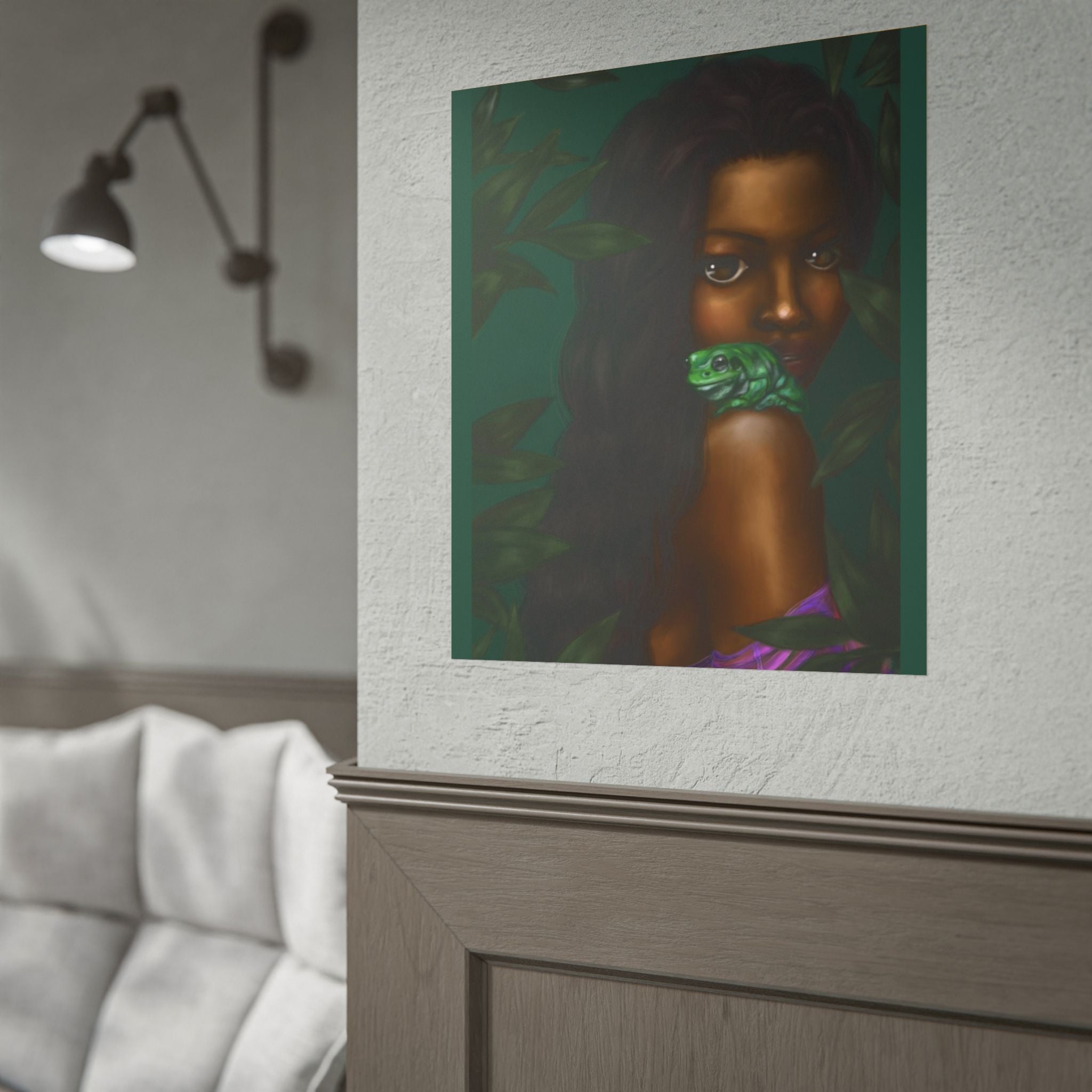 Jungle Muse Portrait Poster — Dark-Skinned Woman with Green Frog Rolled Art Print