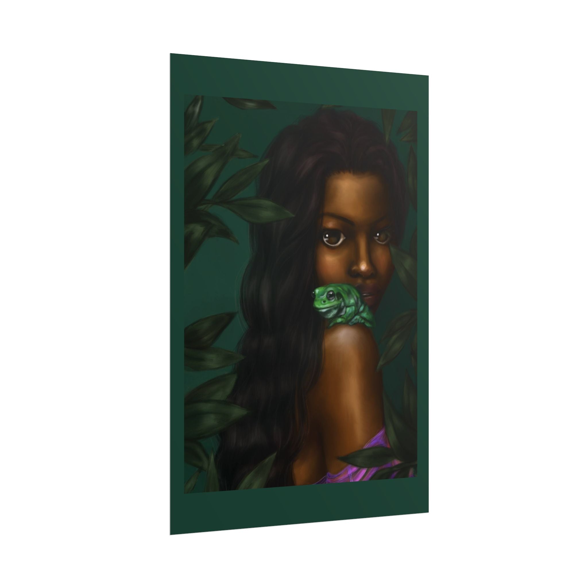 Jungle Muse Portrait Poster — Dark-Skinned Woman with Green Frog Rolled Art Print