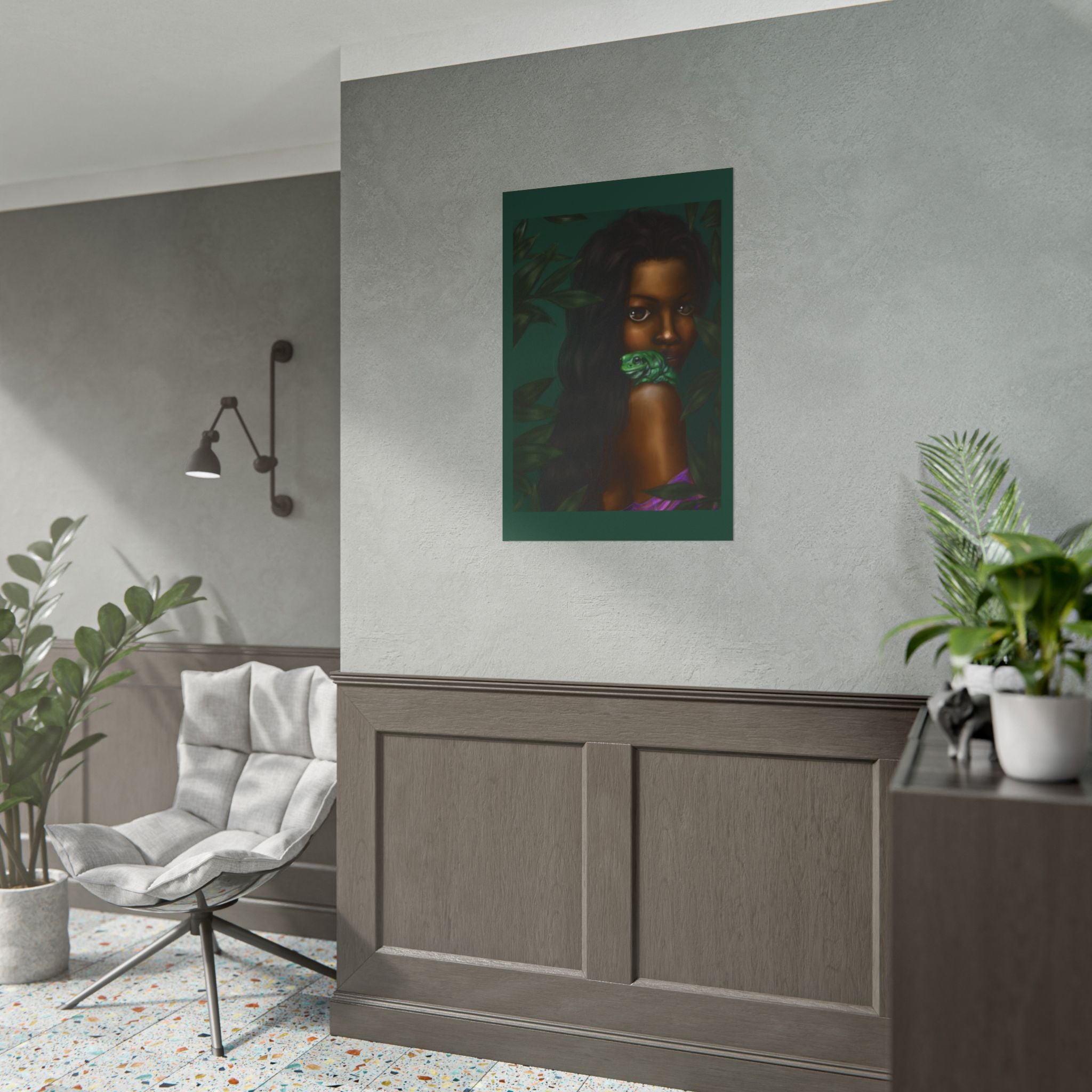 Jungle Muse Portrait Poster — Dark-Skinned Woman with Green Frog Rolled Art Print