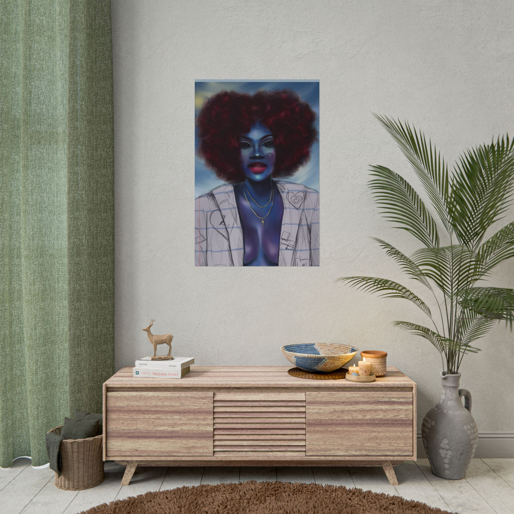 Blue Afro Portrait Poster — Bold Afrocentric Wall Art Print
