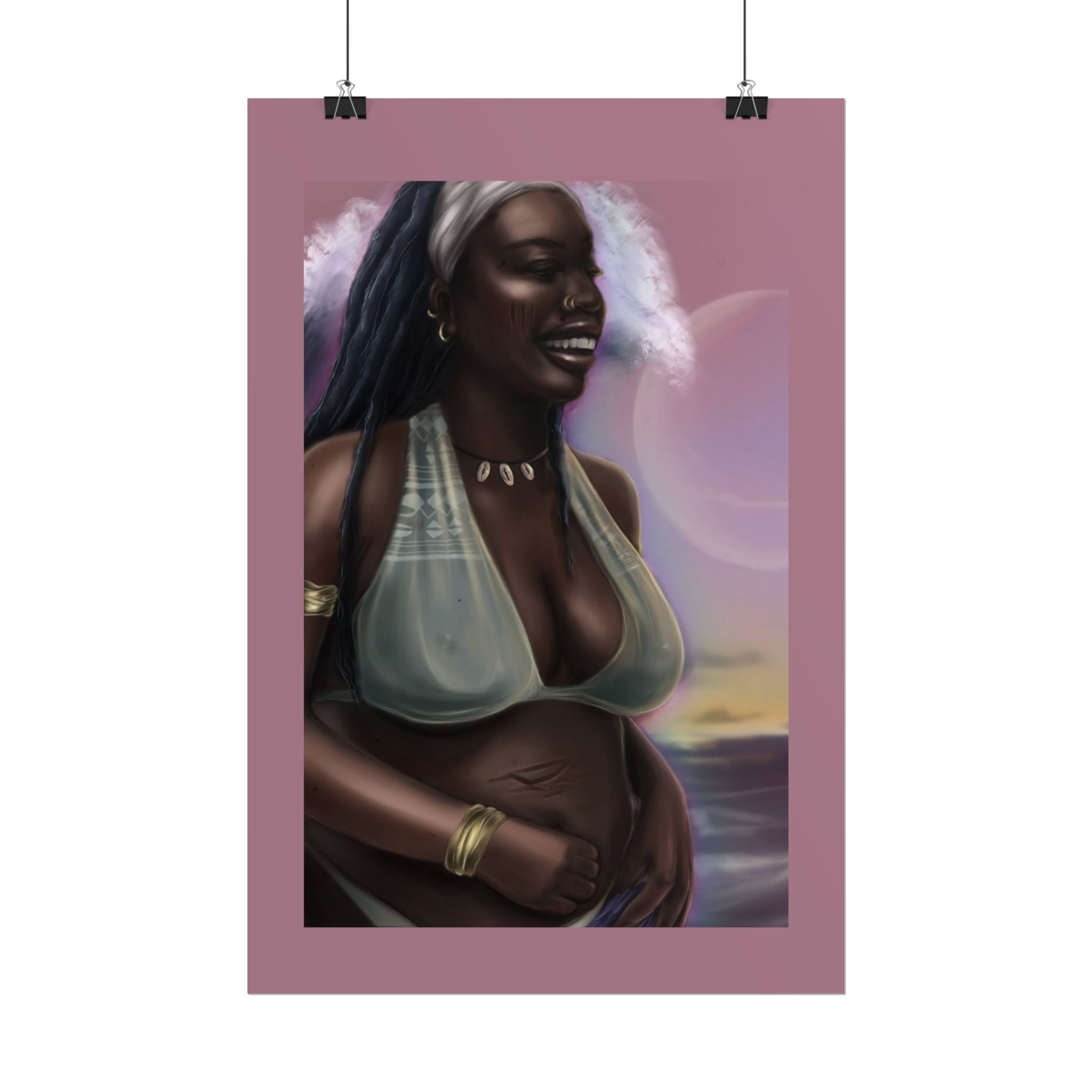 Pregnant Mother Portrait Rolled Poster — Afrocentric Beach Maternity Art Print